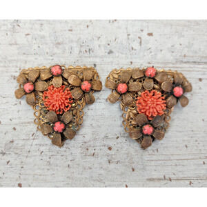 Antique Pair Brass Filigree Molded Celluloid Faux Coral Flower Dress Scarf Clips